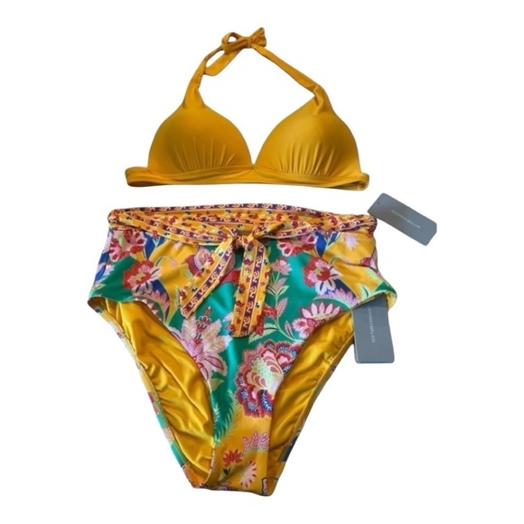 Antonio Melani Floral Mango Jacobean Tie Front High Waisted Bikini Top & Bottom - Picture 1 of 14